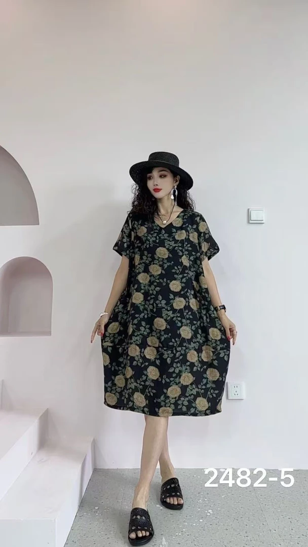 显瘦大码丝麻连衣裙花型随机发