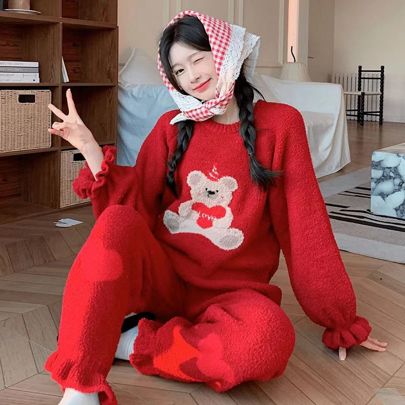 爱心小熊红色睡衣女秋冬新款珊瑚绒保暖半边绒居家保暖家居服加绒