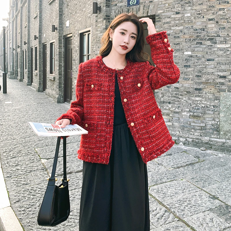 高级感红色小香风短外套女2025年春季新款复古时尚气质粗花呢上衣