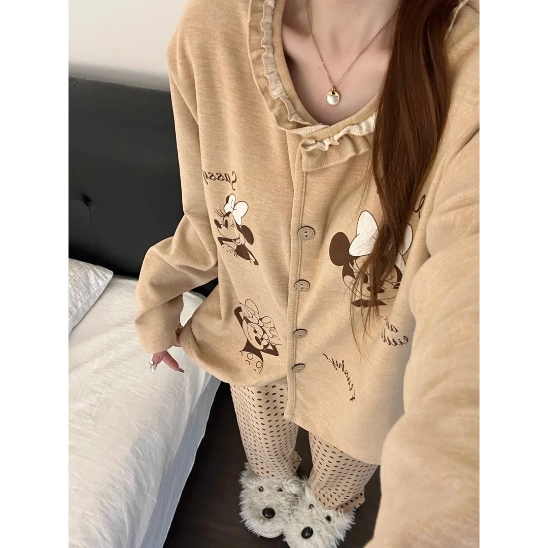 甜美可爱休闲卡通德绒米奇睡衣女春秋季新款爆款家居服套装可外穿