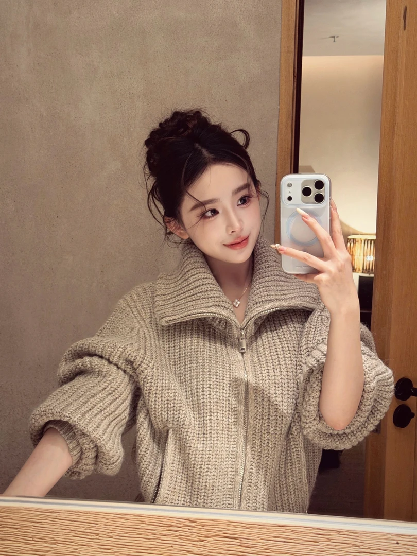 日系复古慵懒风高领拉链开衫毛衣女秋冬宽松休闲显瘦针织上衣外套