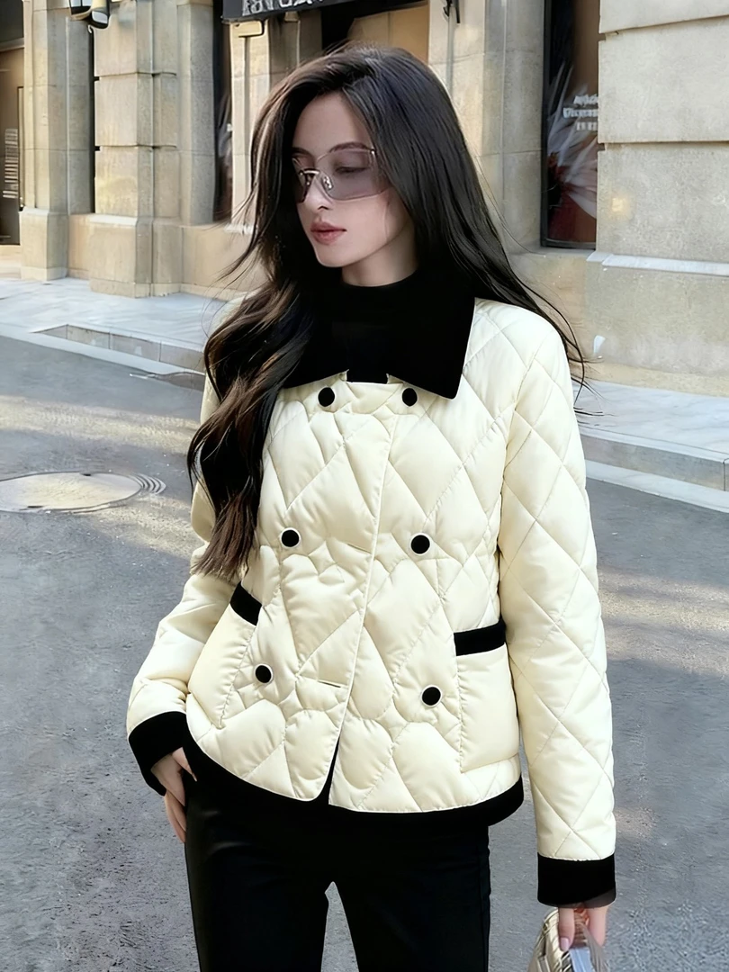 米杏色夹棉外套女初冬高端时髦洋气名媛小香风超好看翻领加厚棉服