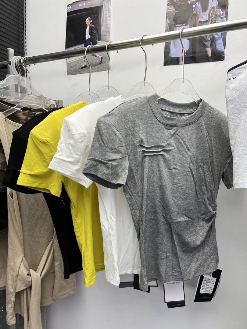 夏季拼接圆领短款INS风褶皱T恤纯色