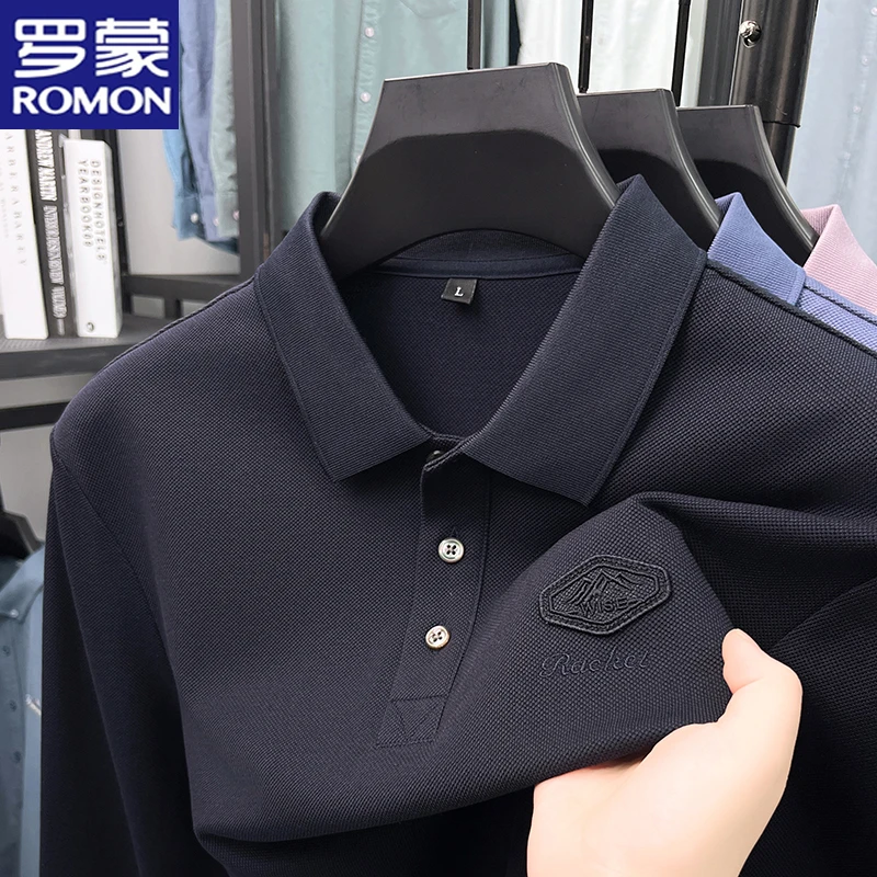 罗蒙纯棉长袖T恤男士翻领polo衫休闲百搭上衣宽松中年打底衫薄款