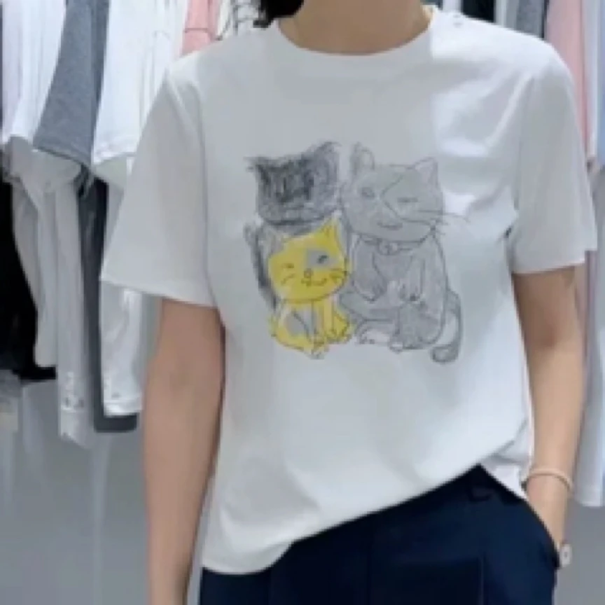 2025夏印花休闲风短袖圆领猫咪T恤8313