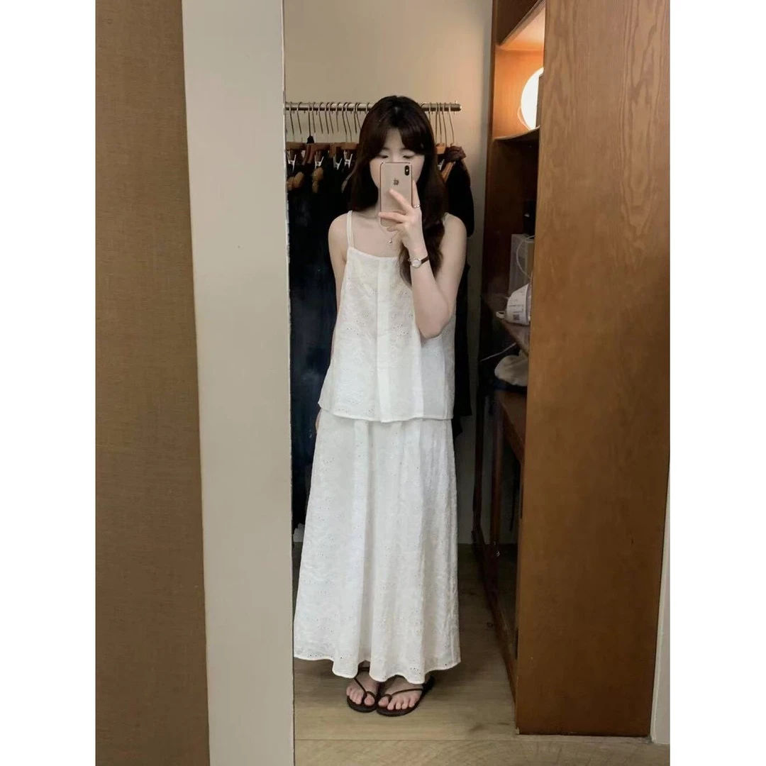 27110#抹茶#(两件套)精致清新提花吊带小衫+显瘦百搭半身裙(福利