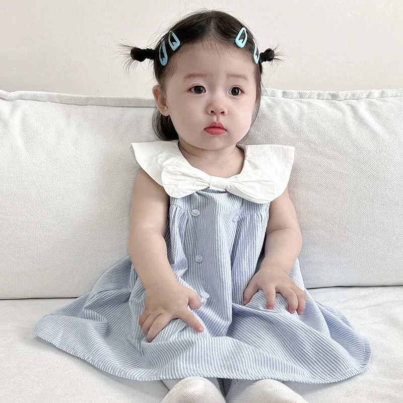 婴儿夏季纯棉连体衣女宝宝清新甜美学院风蓝白条纹无袖包屁裙爬服