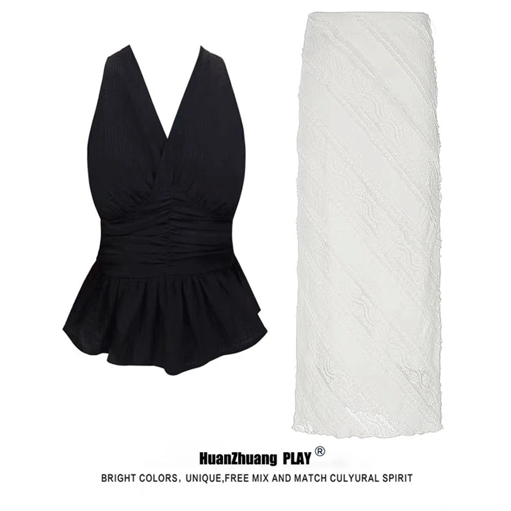 高级感挂脖v领黑色掐腰上衣韩系爆款长款半身裙两件套装.