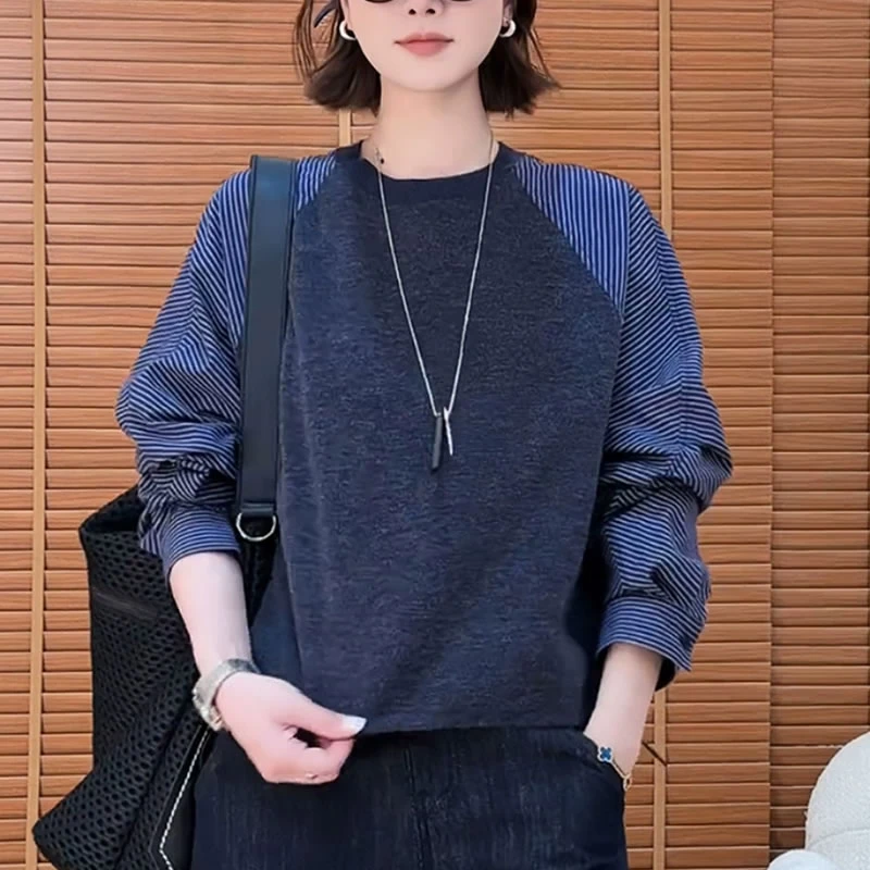 灰色条纹卫衣女士2025秋季新款时尚洋气减龄宽松显瘦衬衫拼接上衣