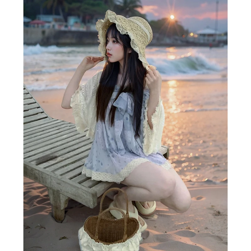 鸢尾来信 夏装新款甜美风古着紫色碎花蕾丝度假吊带裙披肩小套装