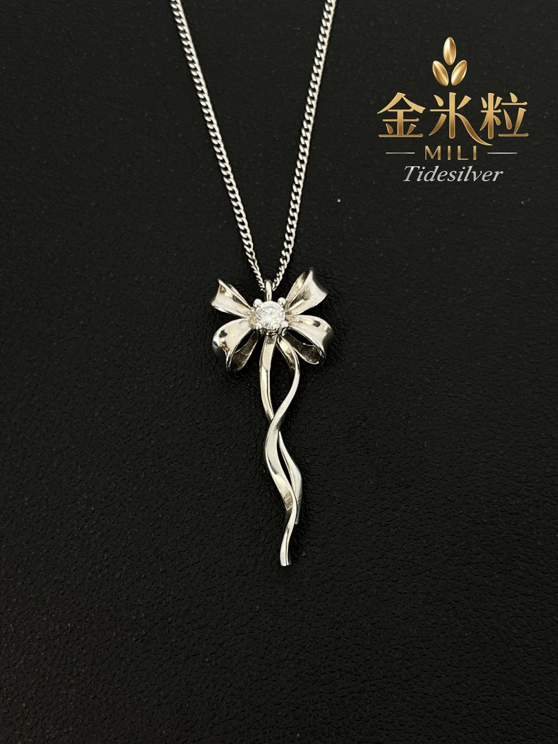 坠链均925银锆石 【米粒|MILI】925银点钻灵动蝴蝶结套链
