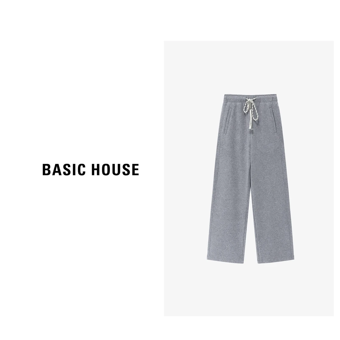 Basic House/百家好直筒抽绳宽松加绒长裤-B06245I4712