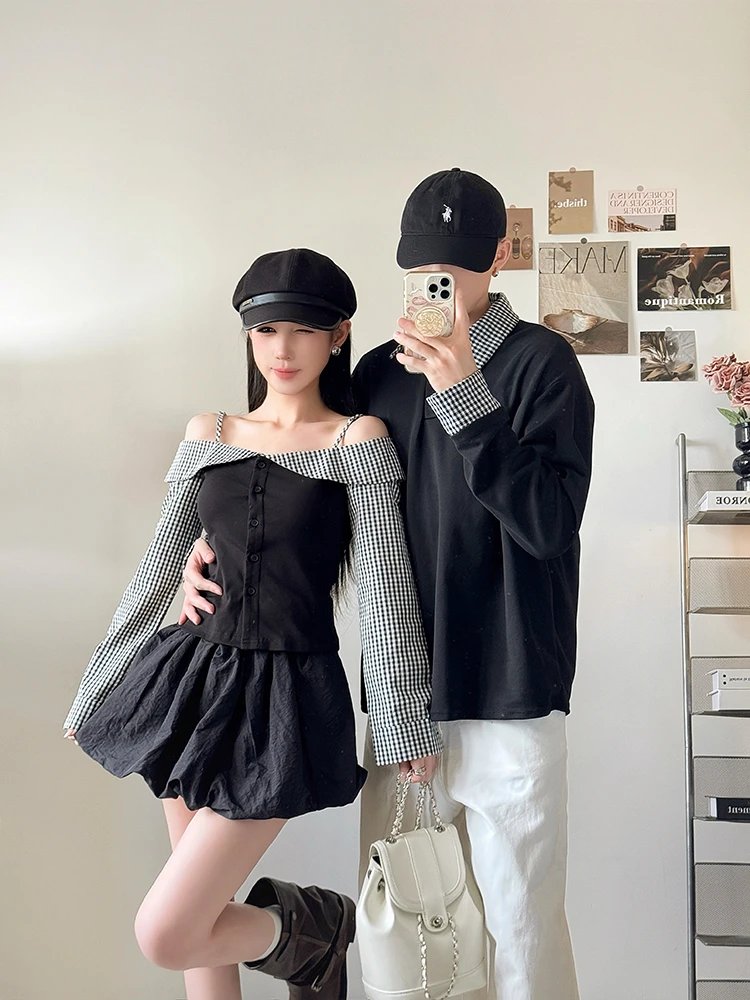 情侣装秋季格子拼接T恤纽扣长袖宽松韩版休闲修身花苞裙一裙一衣