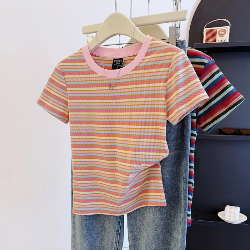 9116#撞色粉色条纹正肩短袖T恤女新款2025夏季小个子修身显瘦上衣