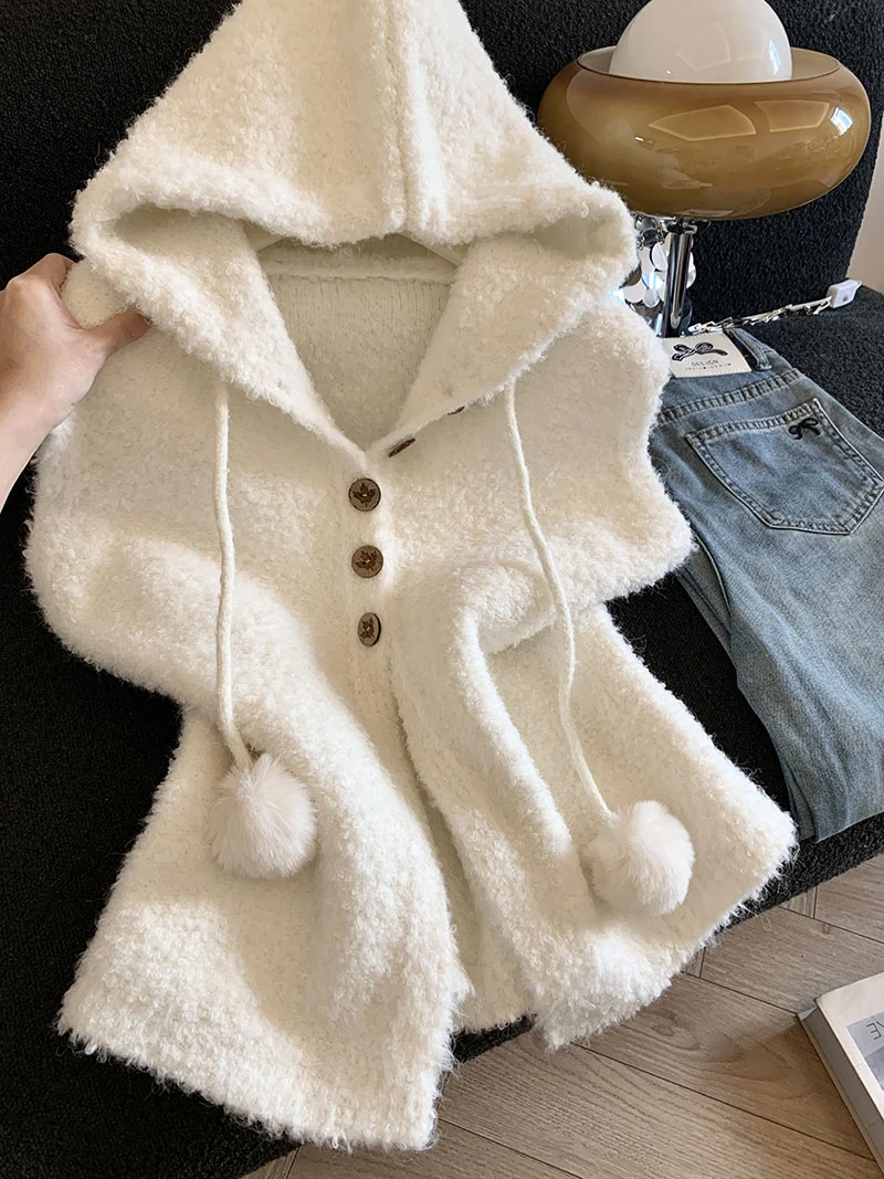 白色毛绒加厚连帽马甲外套女2025秋冬季韩版宽松休闲无袖外搭开衫
