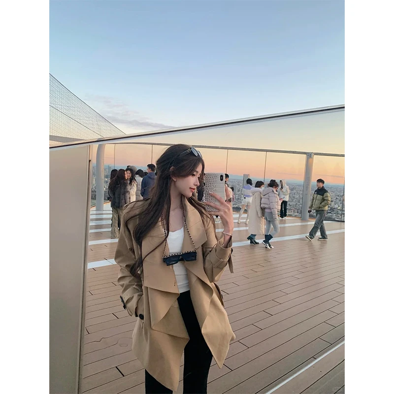 卡其色中长款风衣外套女2025新款高级感弹力紧身休闲微喇长裤套装