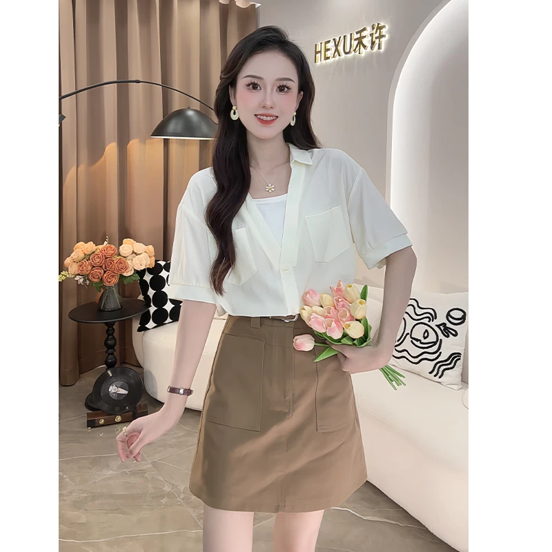 韩系复古休闲假两件衬衫女2024夏季新款设计感小众显瘦短袖小衫潮