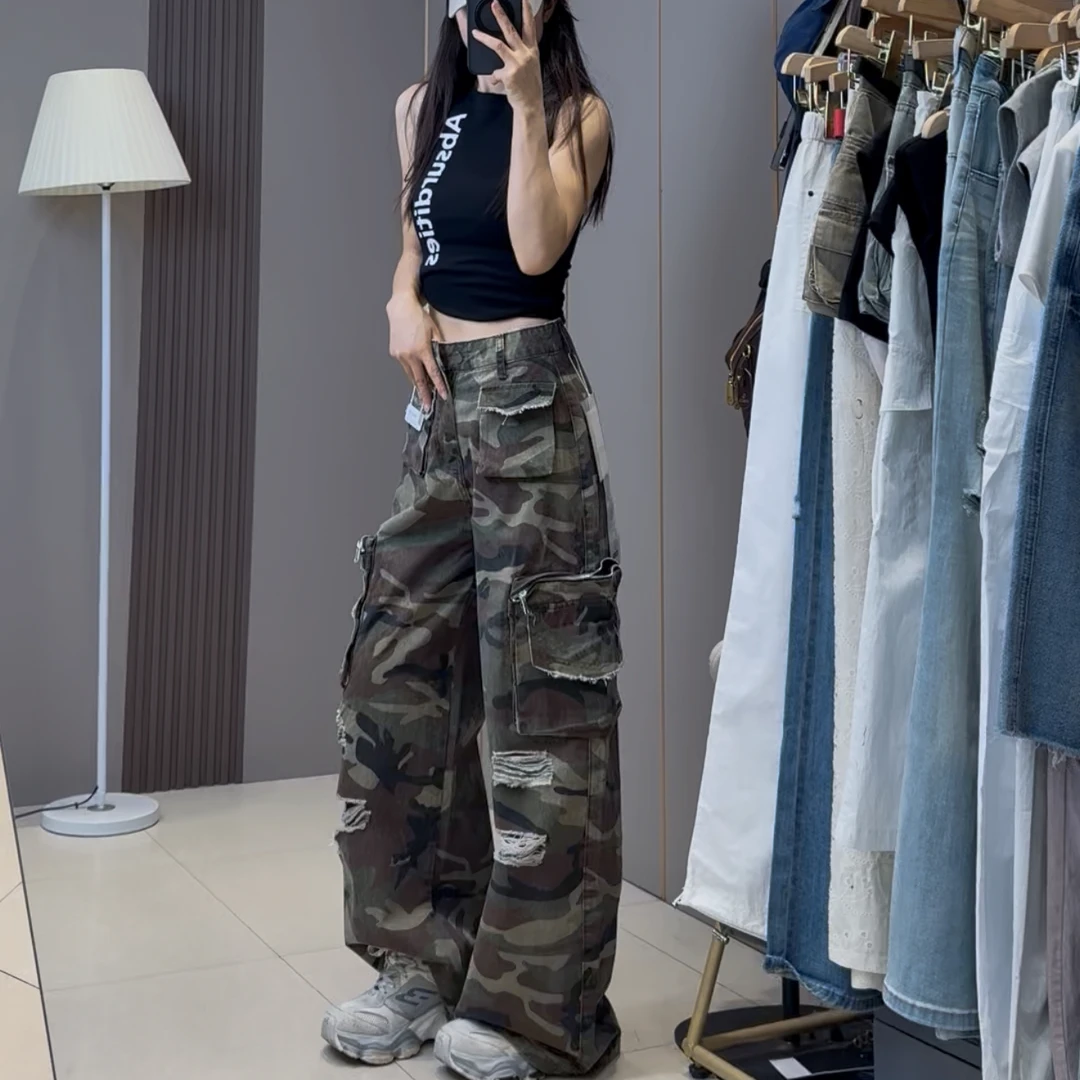 思美乐2025夏季美式宽松百搭破洞设计感迷彩工装裤子阔腿牛仔裤