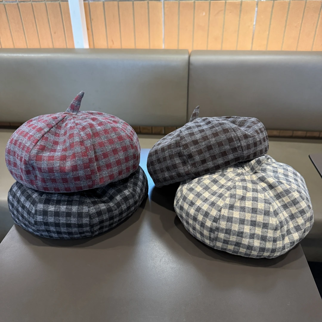 【甜酷出街】ins韩版儿童帽子秋冬复古格子贝雷帽男女宝八角画家帽