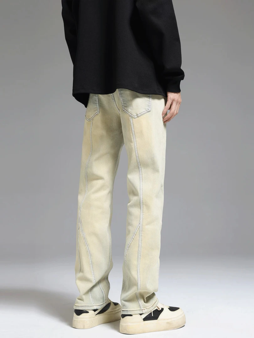 水洗复古黄泥色设计款直筒美式休闲高街牛仔裤
