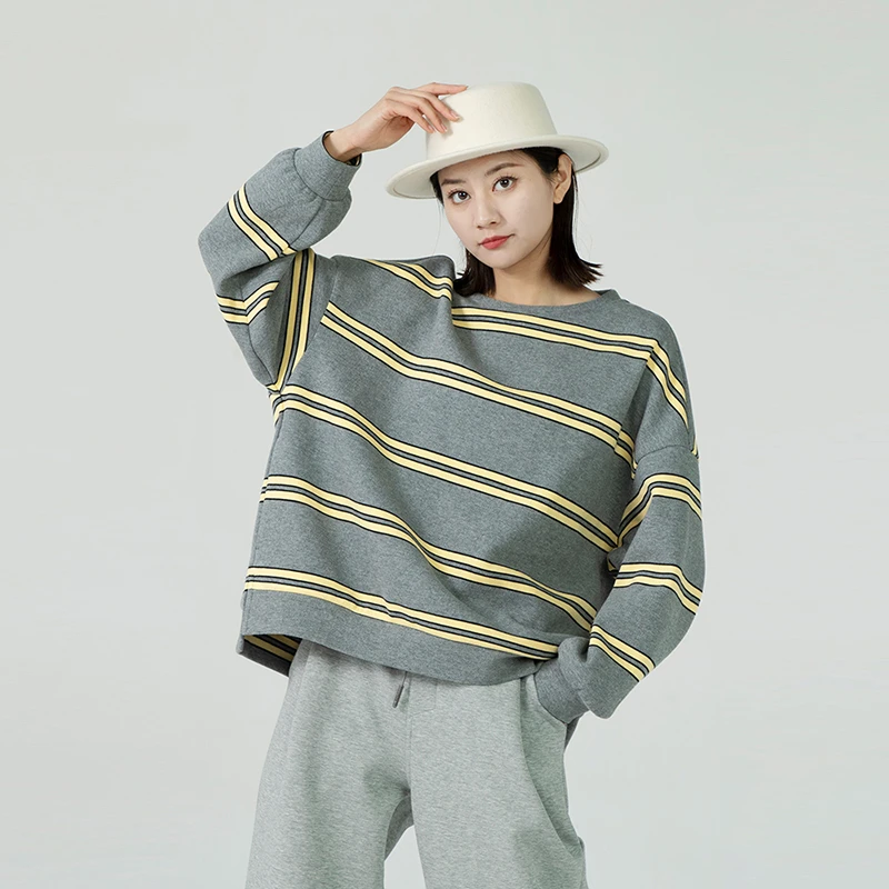 女装瑕疵品113231193商场同款套头圆领条纹百搭休闲长袖卫衣