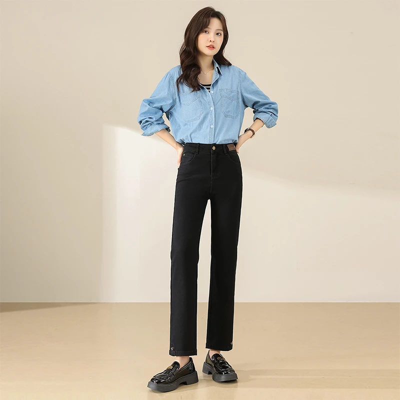 V/雅鹿2025新款高腰百搭烟管裤牛仔裤女秋季窄版阔腿裤宽松直筒裤