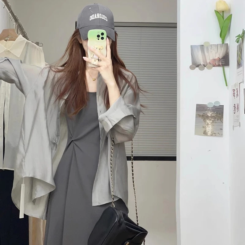 设计感灰色宽松防晒衬衫女春夏季薄款开衫设计感小众垂感衬衣外套