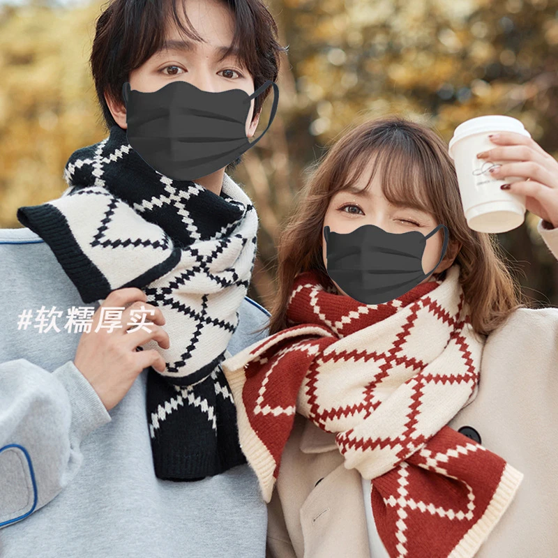 冬季新款双面百搭格子针织情侣毛线围巾男女学生围脖韩版新年保暖