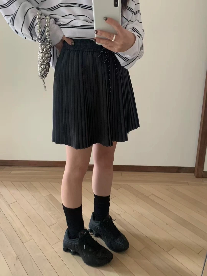 韩版春夏新抽绳高腰百褶裙女小个子显瘦A字半身裙