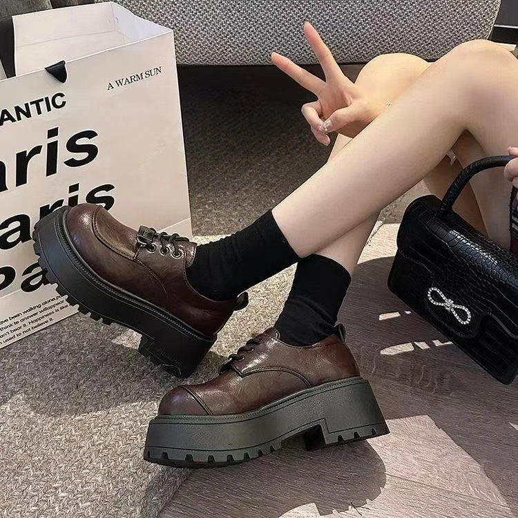 【603】黑色圆头厚底2025新款春季时尚小个子单鞋增高系带jk单鞋