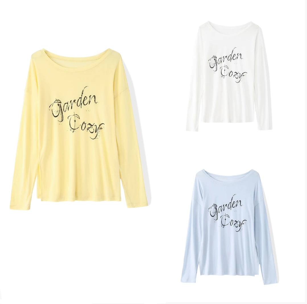 【100%凉感天丝】欧若风美式复古手绘字母印花长袖运动罩衫T恤25109