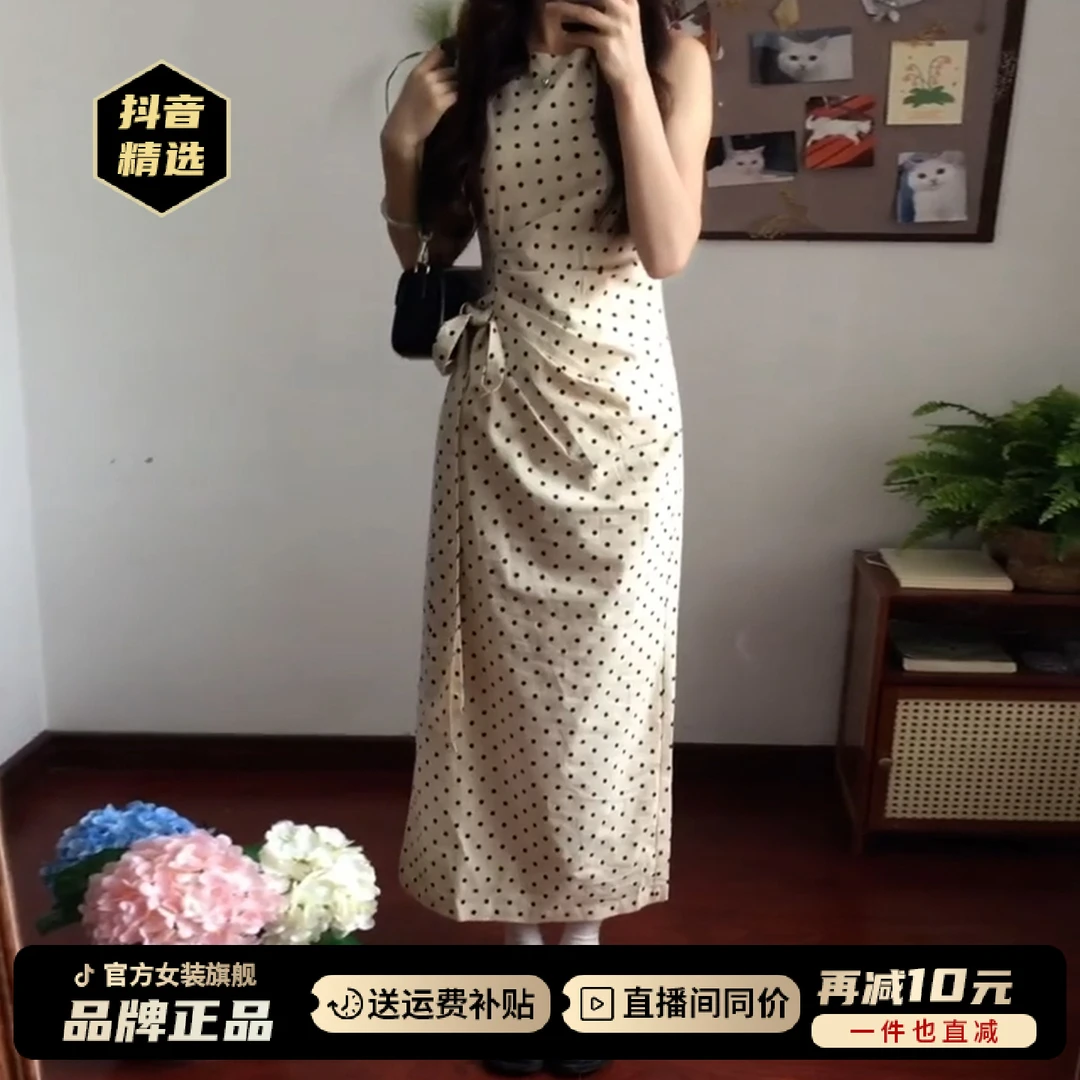 法式气质白色波点连衣裙子女夏季2025新款高级感绑带收腰显瘦长裙