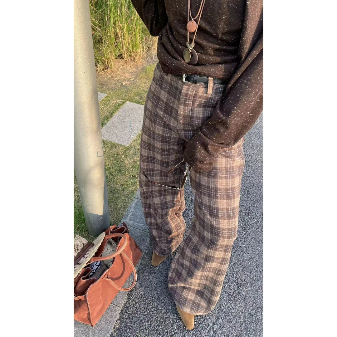KIKI严选：71228-慕沐家欧货南油秋冬加厚格子酷飒通勤阔腿休闲裤