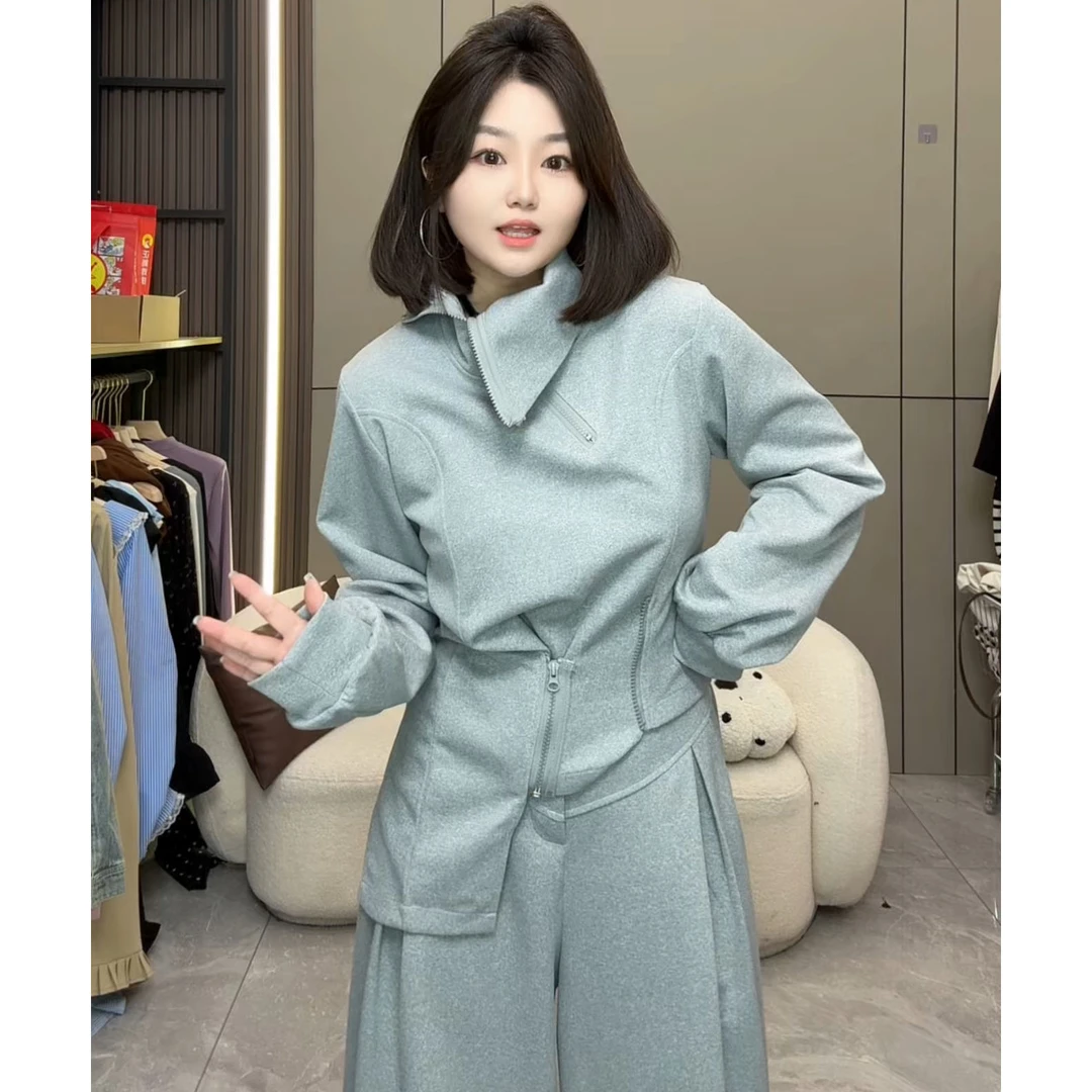 【慧雯儿微胖定制】春季新品辣妹收腰显瘦上衣+高腰阔腿裤套装女