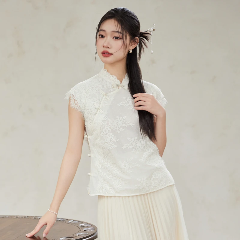 风笛2025白色时尚中式中领复古盘扣蕾丝衫修身显瘦气质短款上衣女