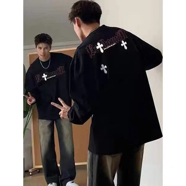 特大码300斤高街重磅纯棉十字架刺绣长袖t恤潮牌秋季圆领宽松上衣