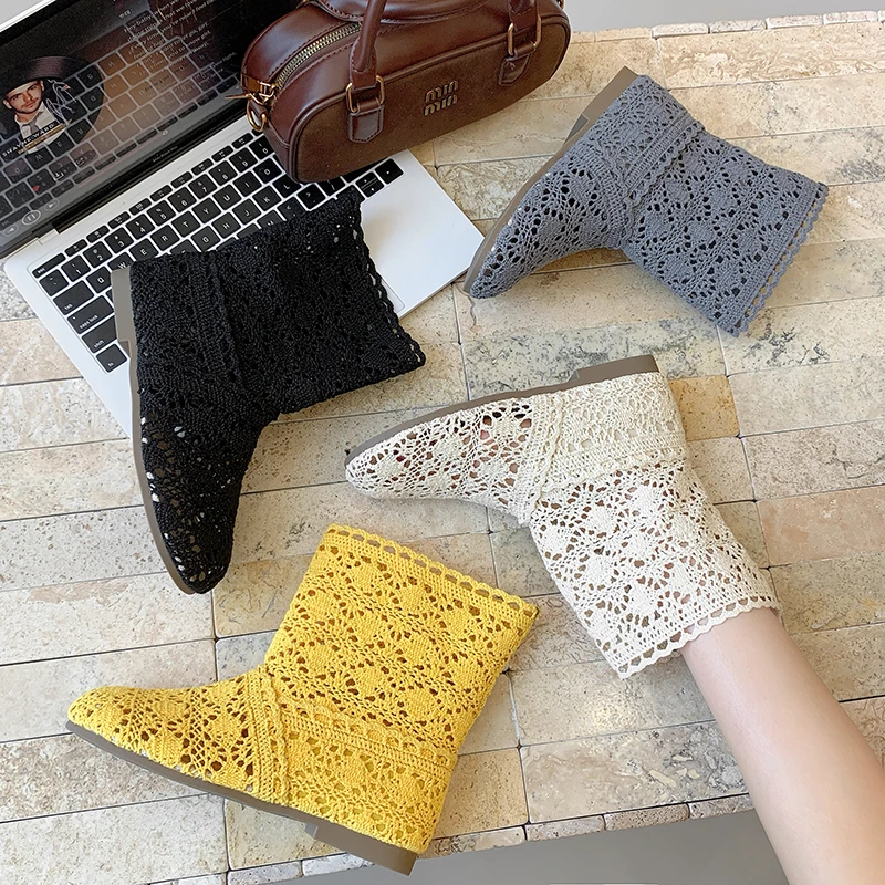 2025网红新款爆款春秋单靴网靴平底短靴镂空靴马丁靴圆头女凉靴子