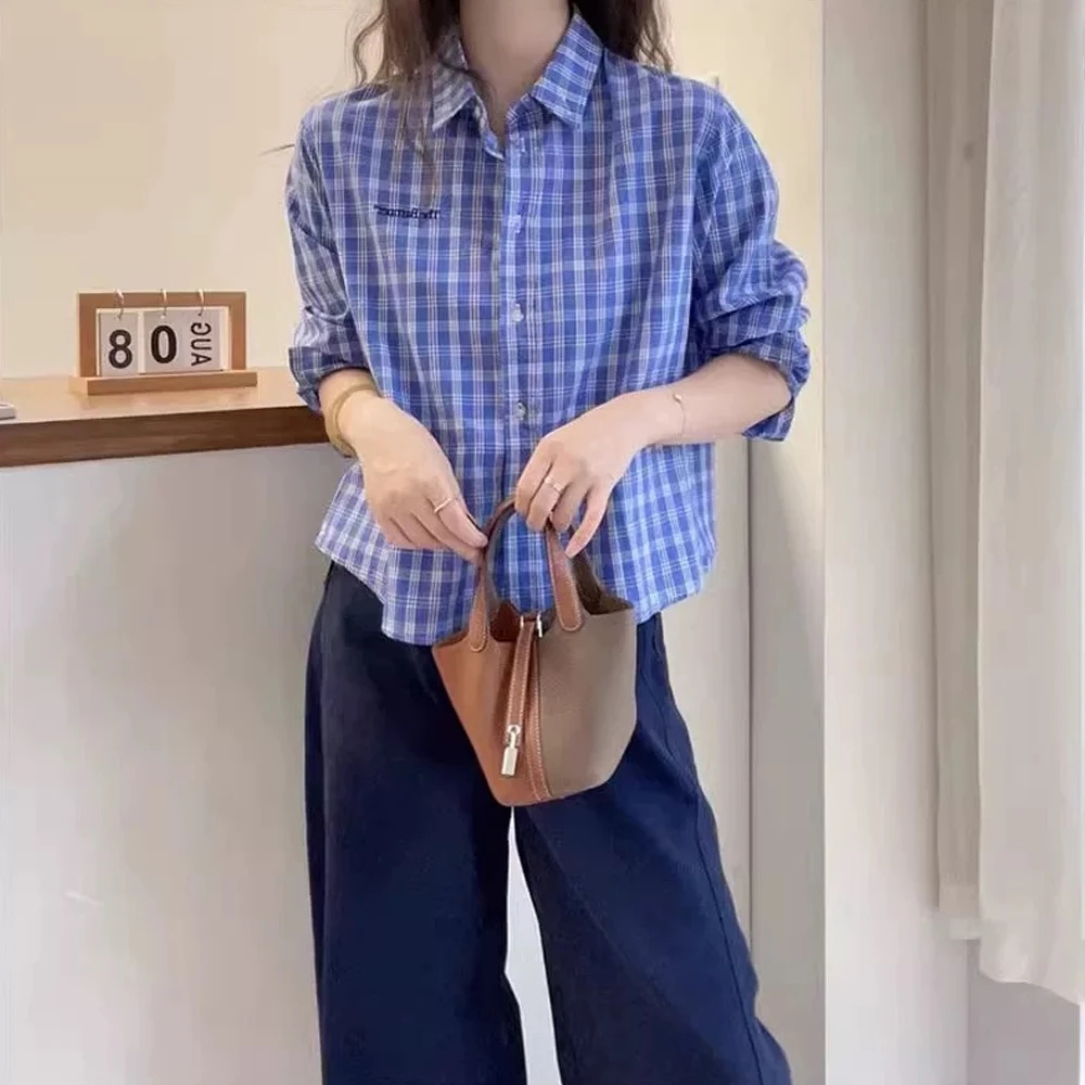 秋季女装时尚新款宽松polo领拼接刺绣纯棉洋气减龄休闲长袖衬衫女