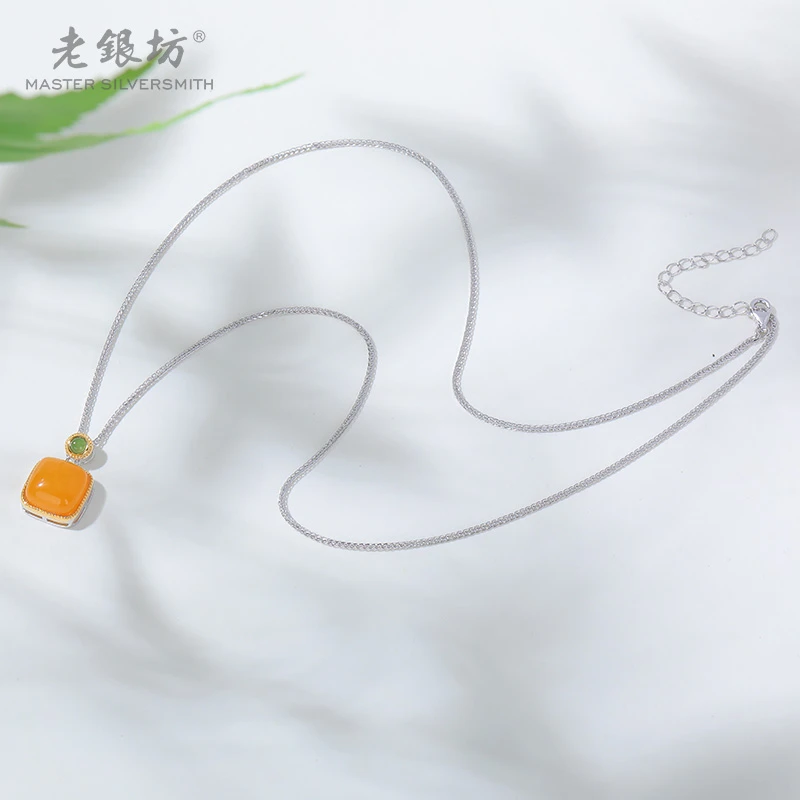 【老银坊】s925银方块蜜蜡碧玉肖邦链套链 品质珠宝 00221216