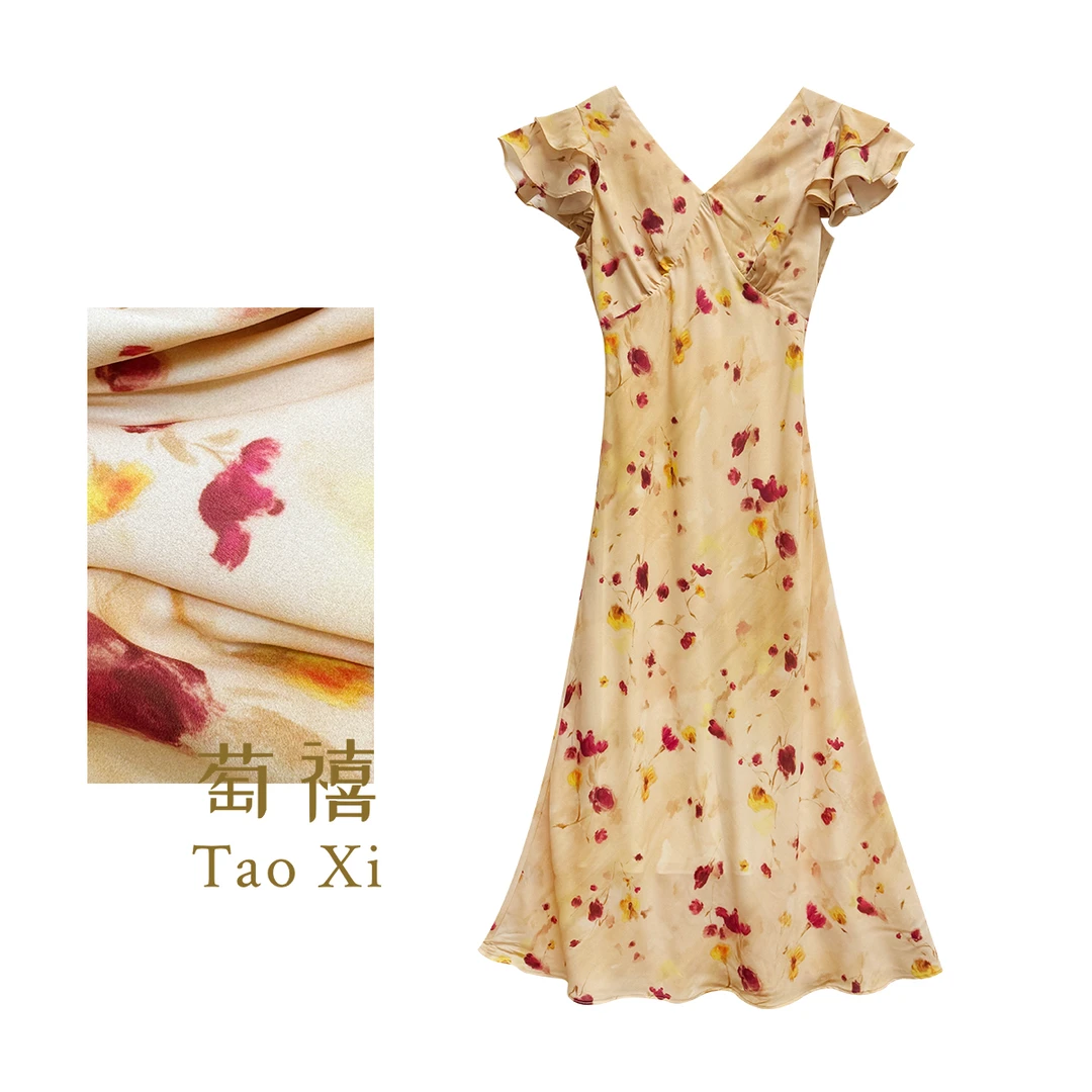 【萄禧】夏季法式优雅V领印花显瘦款时尚气质修身连衣裙TX06QZ1079