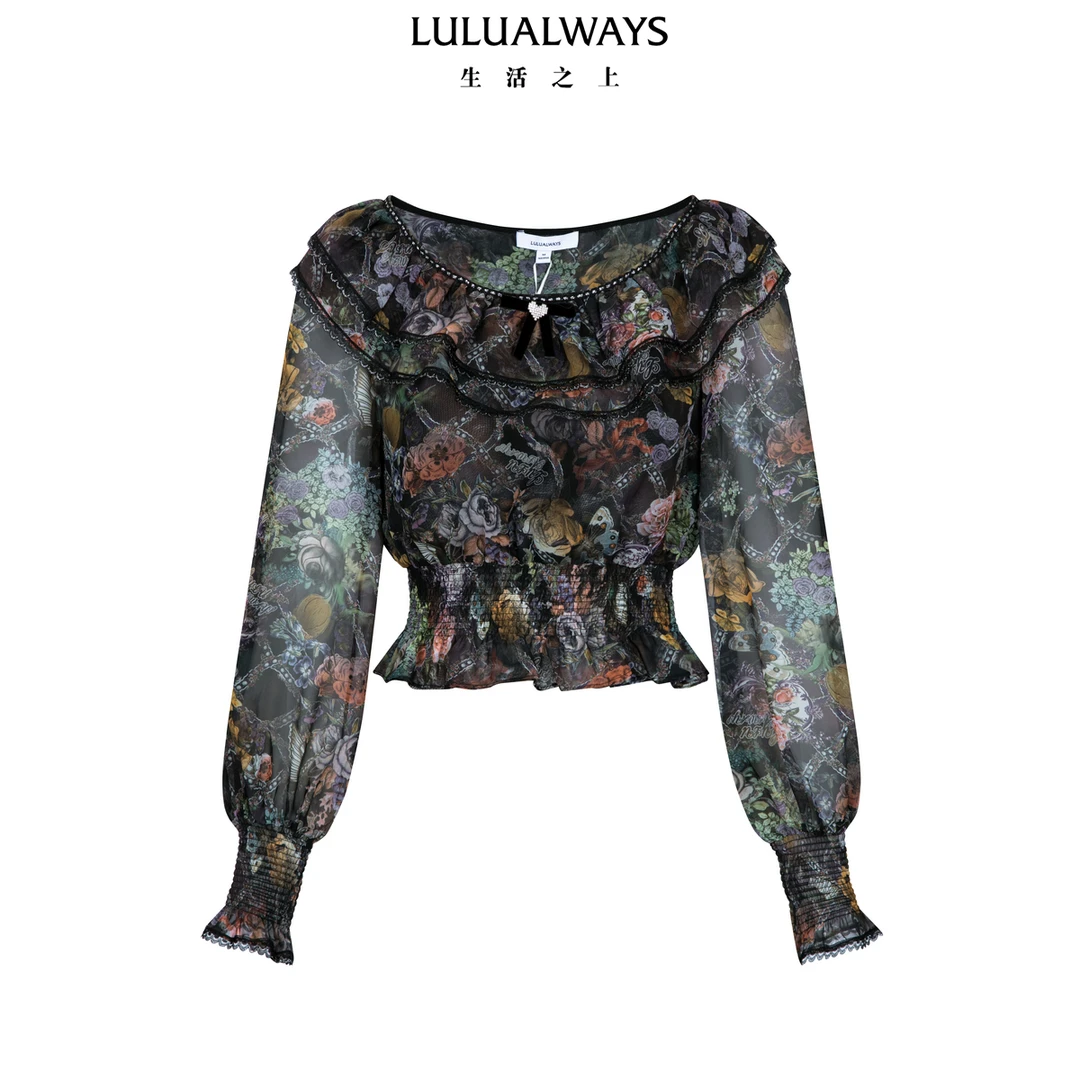 LULUALWAYS我爱露露25春季新款优雅浪漫复古原创提花荷叶边衬衫女