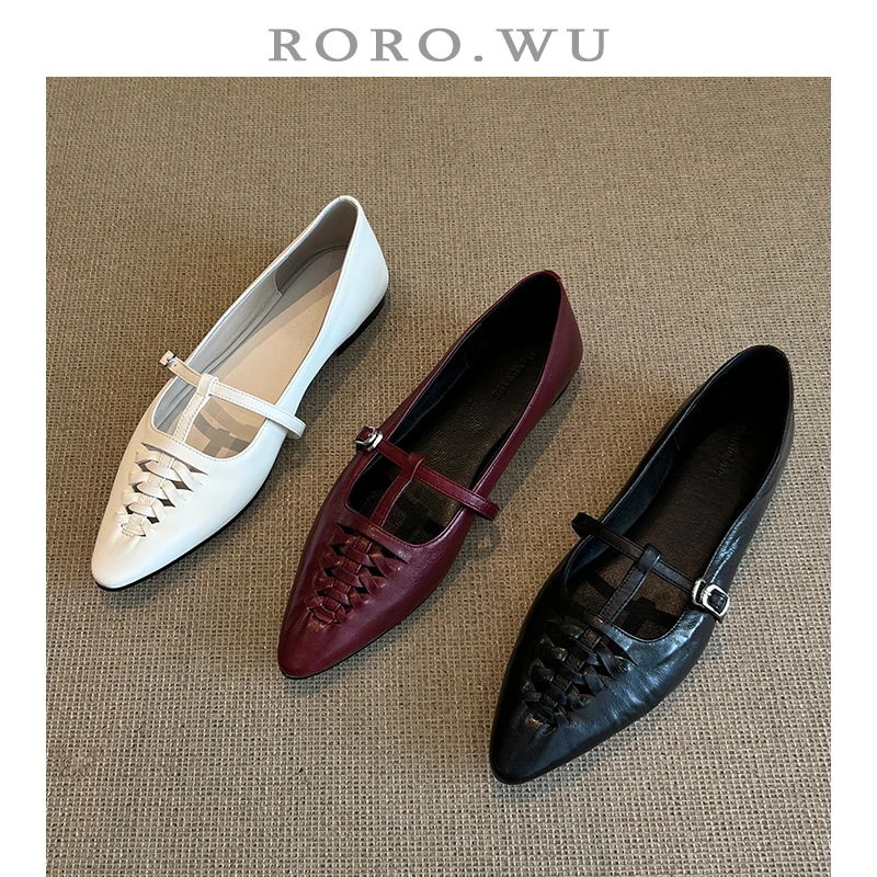 娆娆吴·羊皮精致尖头编织镂空丁字扣浅口淑女百搭轻奢低跟单鞋A23