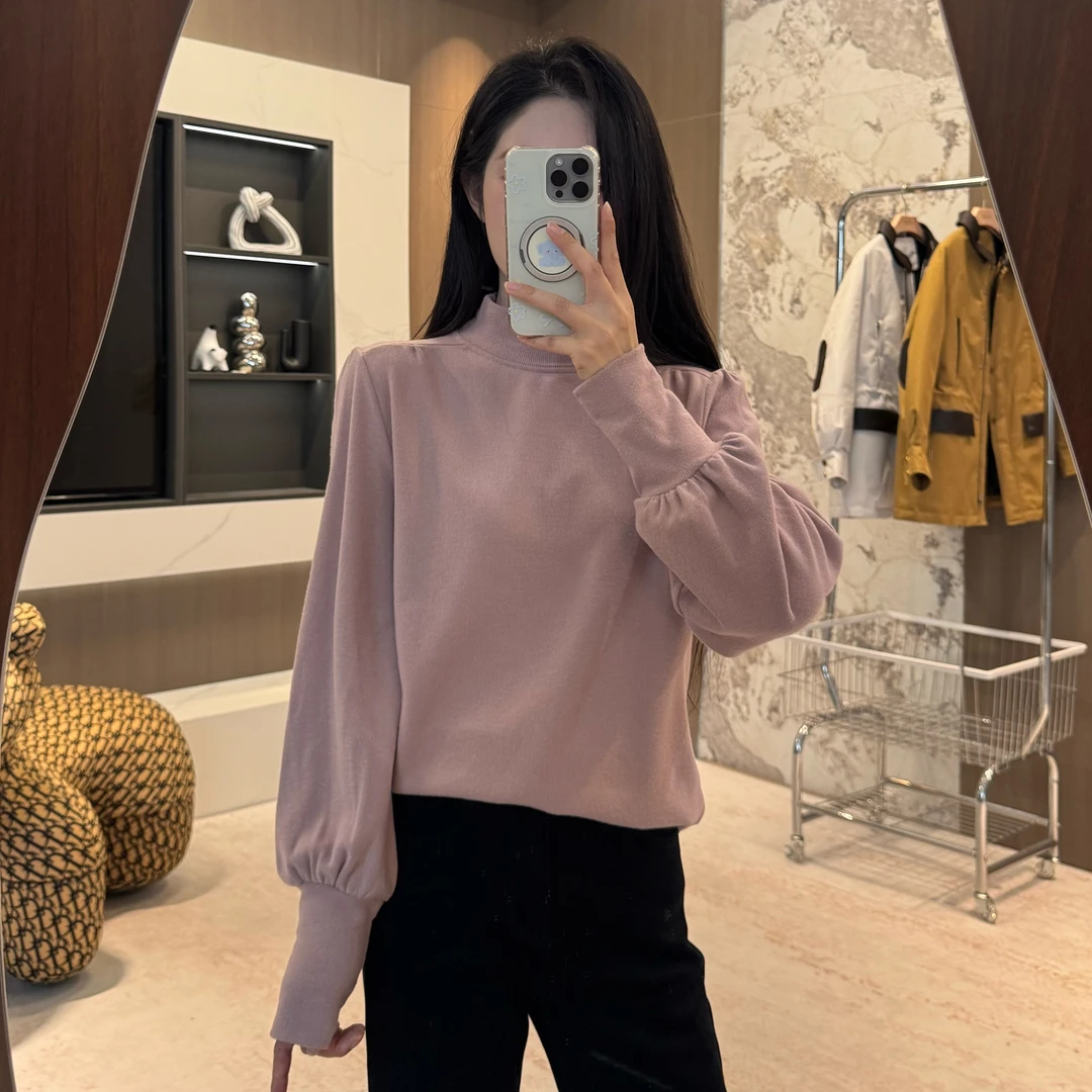 宿慕SUMU软糯舒适泡泡袖立领打底衫秋季新款时尚磨毛套头长袖上衣