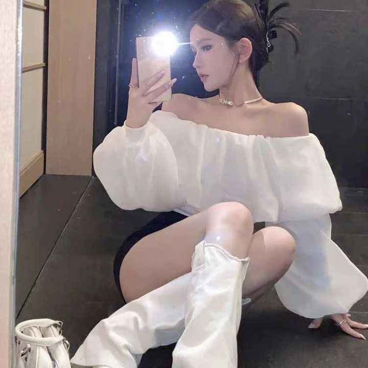 大码性感一字肩泡泡袖超仙雪纺衫女春季气质减龄百搭长袖上衣衬衫