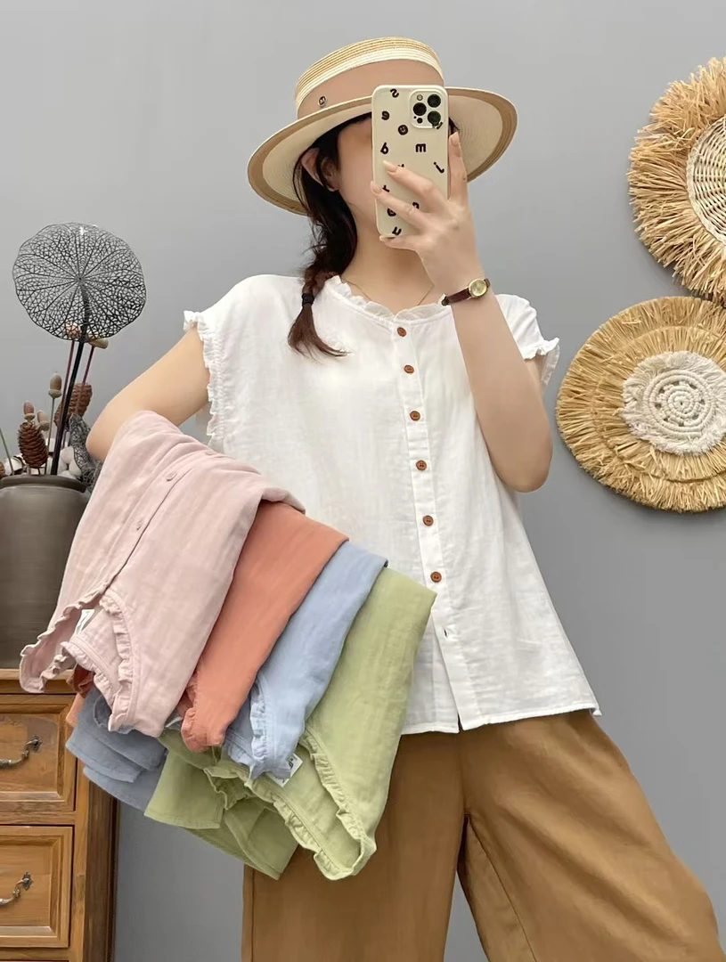 2025夏季新款木耳边小飞袖双层纱全棉衬衫休闲时尚纯色衬衣66137