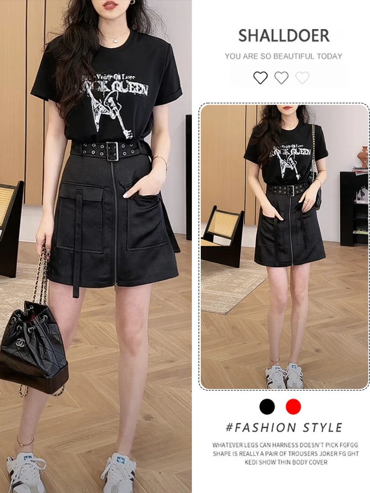 大码胖mm美式复古假两件拼接短袖连衣裙女夏季薄款修身显瘦短裙子
