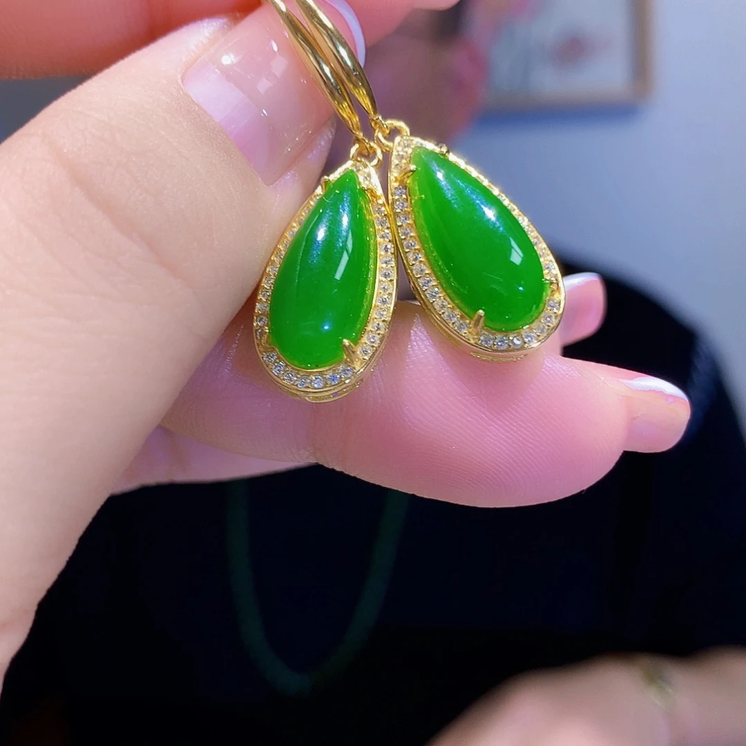 和田玉（碧玉）耳饰银S925镀金镶嵌