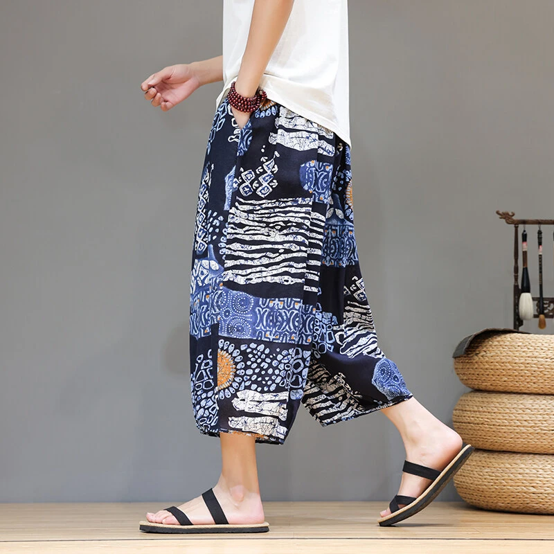 泰国裤子男士夏季新款民族风印花阔腿七分裤宽松大码直筒沙滩短裤