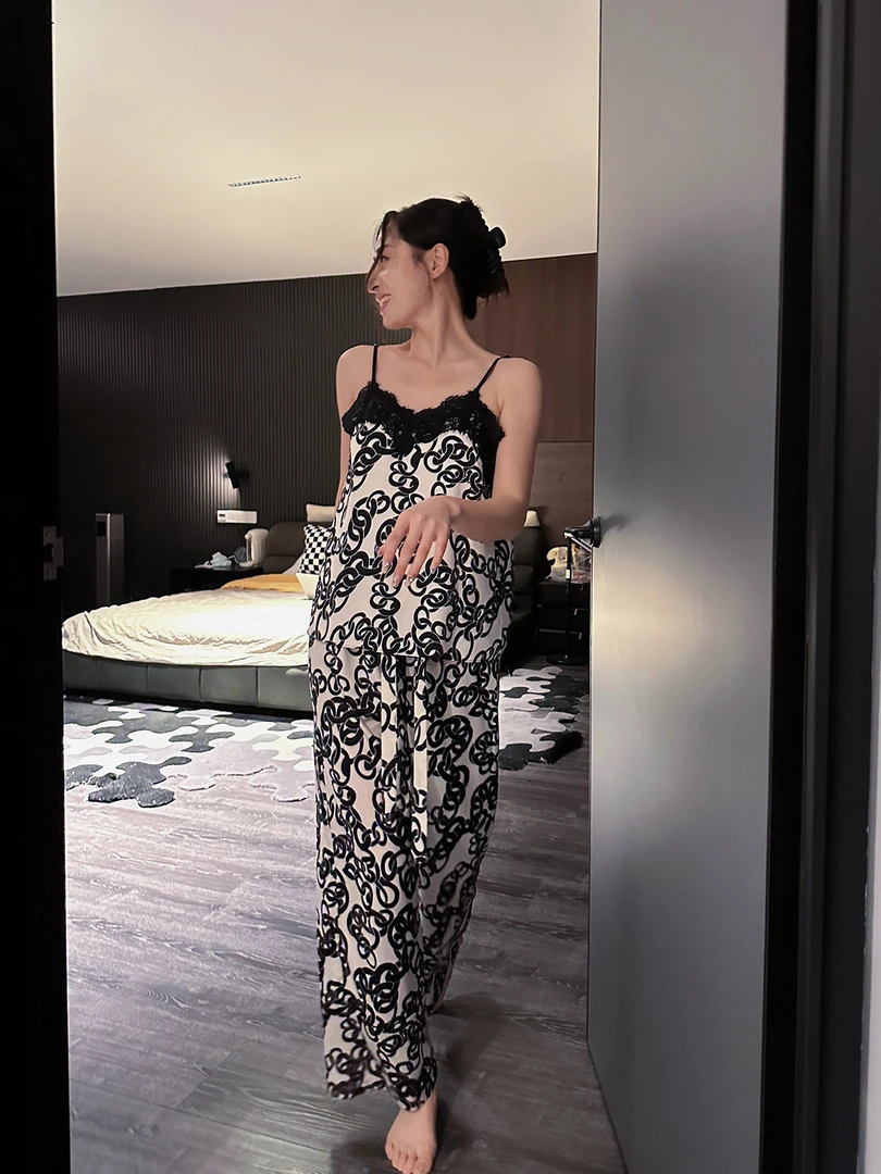 法式轻奢高级感长裤吊带女高级感蕾丝拼接纽结印花气质露背短裙