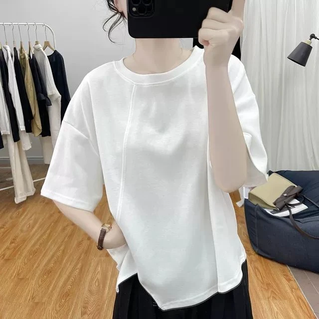 夏季新款宽松圆领短袖简约纯色纯棉T恤女百搭休闲减龄薄款上衣潮